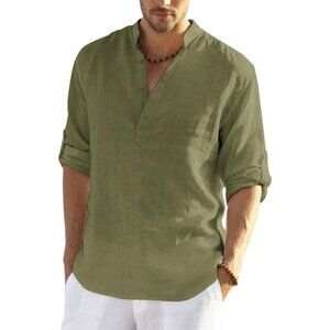 Men's Army Green Cotton Linen Henley T-shirt Long Sleeve Casual Beach Button